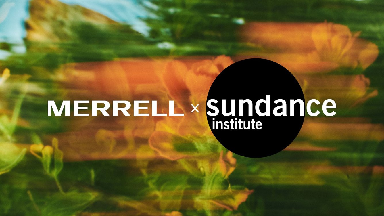The logos for Merrell and the Sundance Institute set against a blurry gradient of green, orange, and blue. 