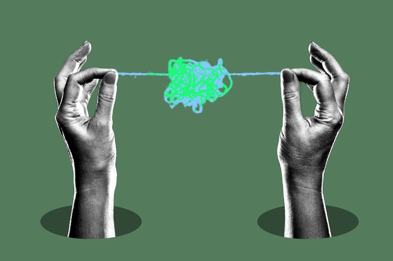 Photo collage showing two hands pulling on opposite ends of a piece of string, which is tangled and knotted in the middle.