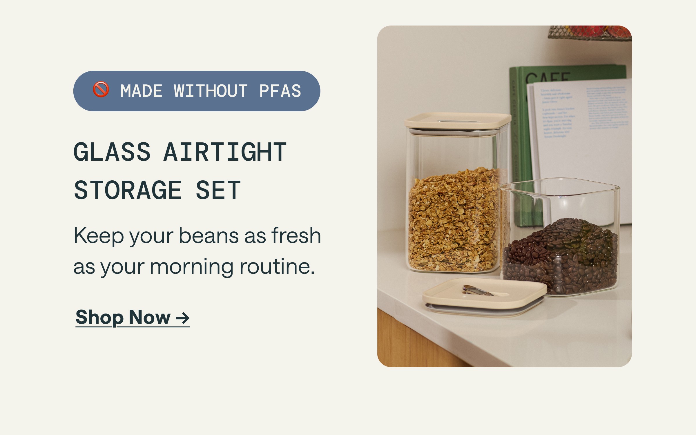 🚫 MADE WITHOUT PFAS GLASS AIRTIGHT STORAGE SET Keep your beans as fresh as your morning routine. [[Shop Now &rarr;]]