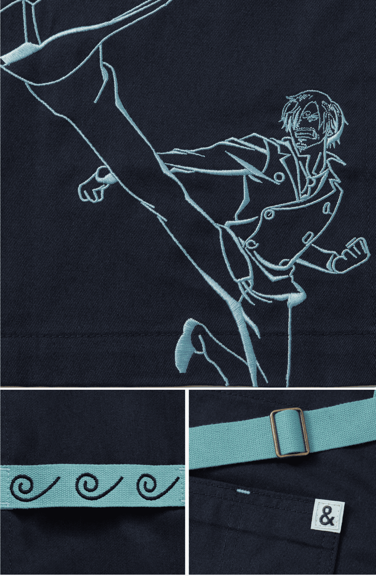 The Straw Hat Crew's  chef has entered the kitchen. | Meet our newest ONE PIECE apron, inspired by Sanji and his legendary love of cooking. His signature  Jolly Roger, chef&rsquo;s hat, crossed fork and knife,  and iconic kicking pose come together on H&B&rsquo;s  chef-grade apron. Made for cooks who, like Sanji,  know feeding your crew is serious business. | SHOP SANJI