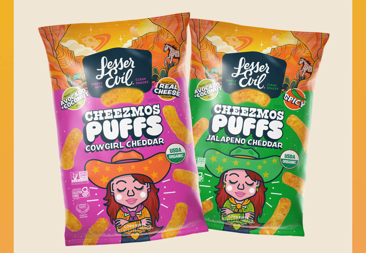 LesserEvil Cheezmos Puffs- Cowgirl Cheddar and Jalapeno Cheddar