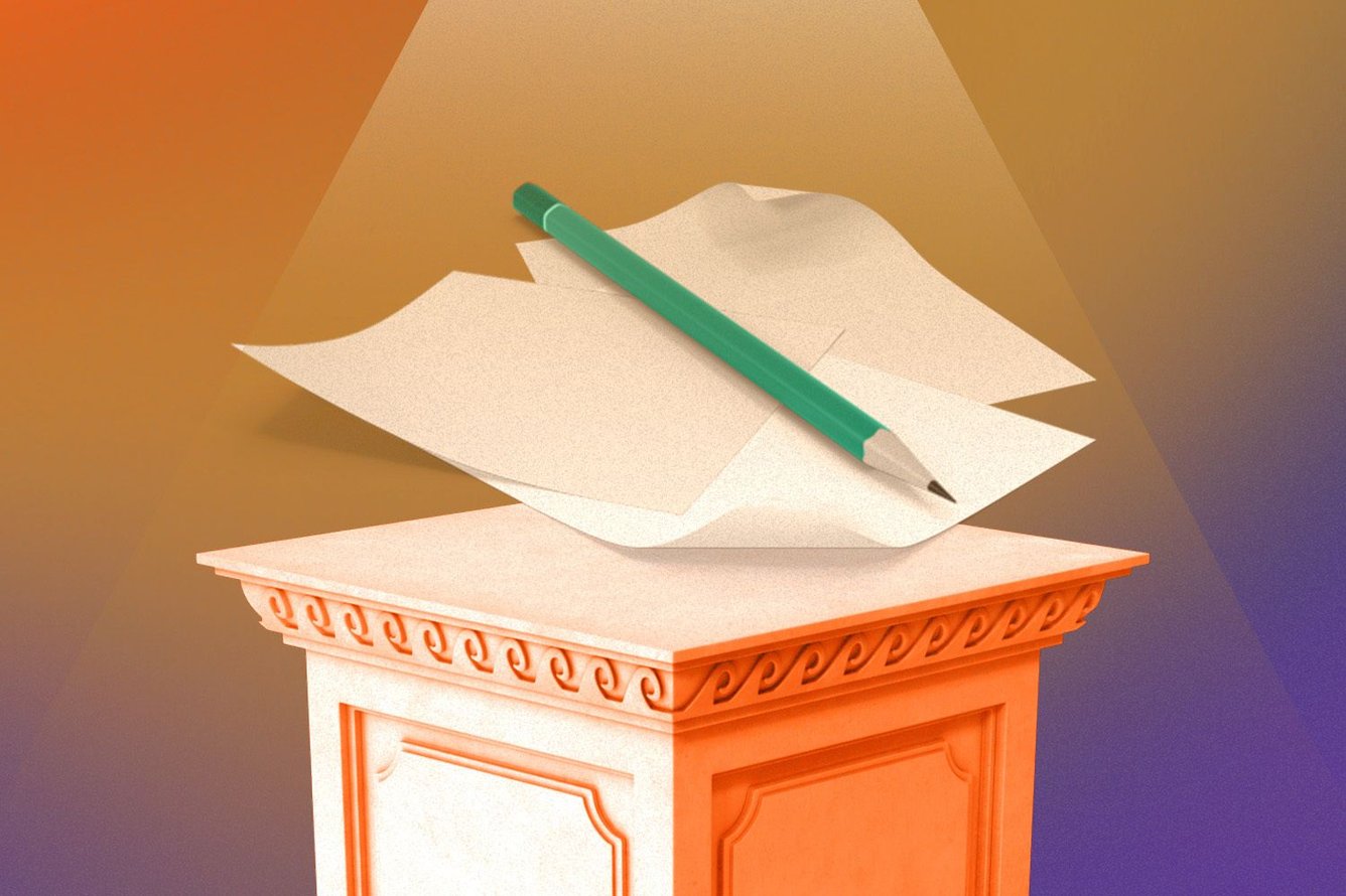 Wish We Wrote This Section for Marketing Brew image - a pillar with a few pieces of paper and a green pencil on top of it