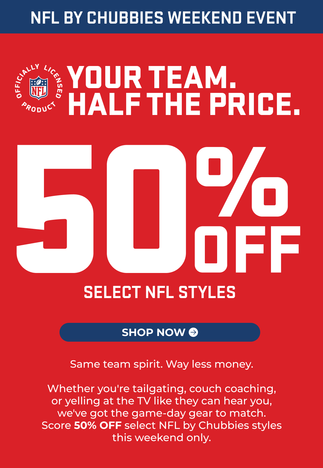 THIS WEEKEND ONLY - 50% OFF SELECT NFL STYLES
