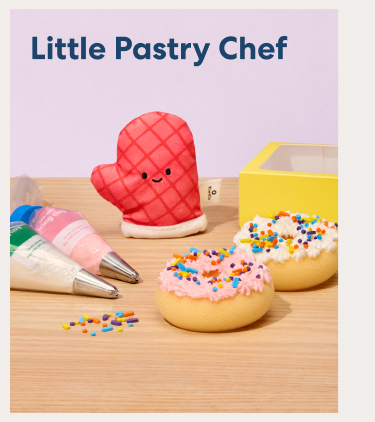 Little Pastry Chef. A playful baking set with a red oven mitt character, frosted pastries, piping bags, and colorful sprinkles.