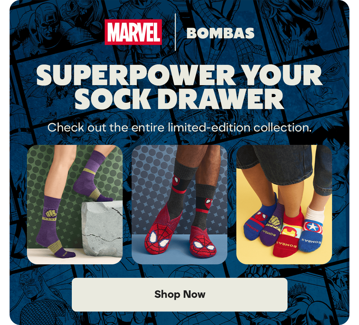 MARVEL | BOMBAS. SUPERPOWER YOUR SOCK DRAWER. Check out the entire limited-edition collection. Shop Now