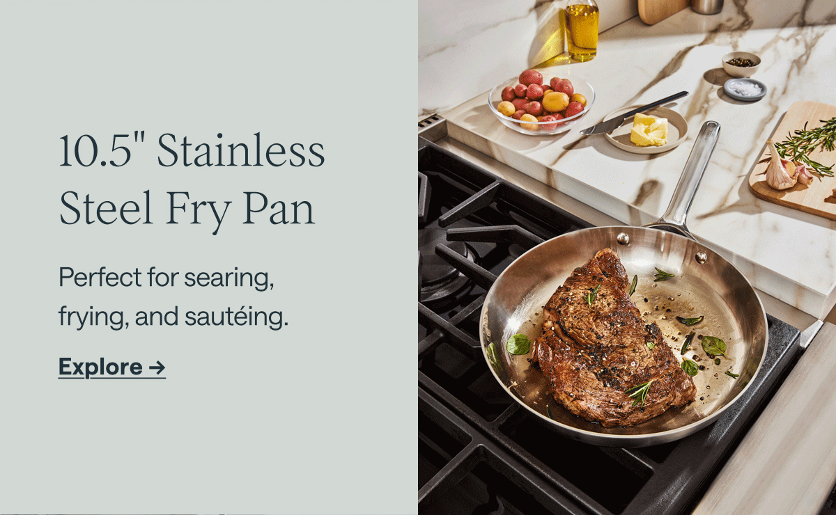 10.5" Stainless Steel Fry Pan Perfect for searing,  frying, and saut&eacute;ing. Explore ->