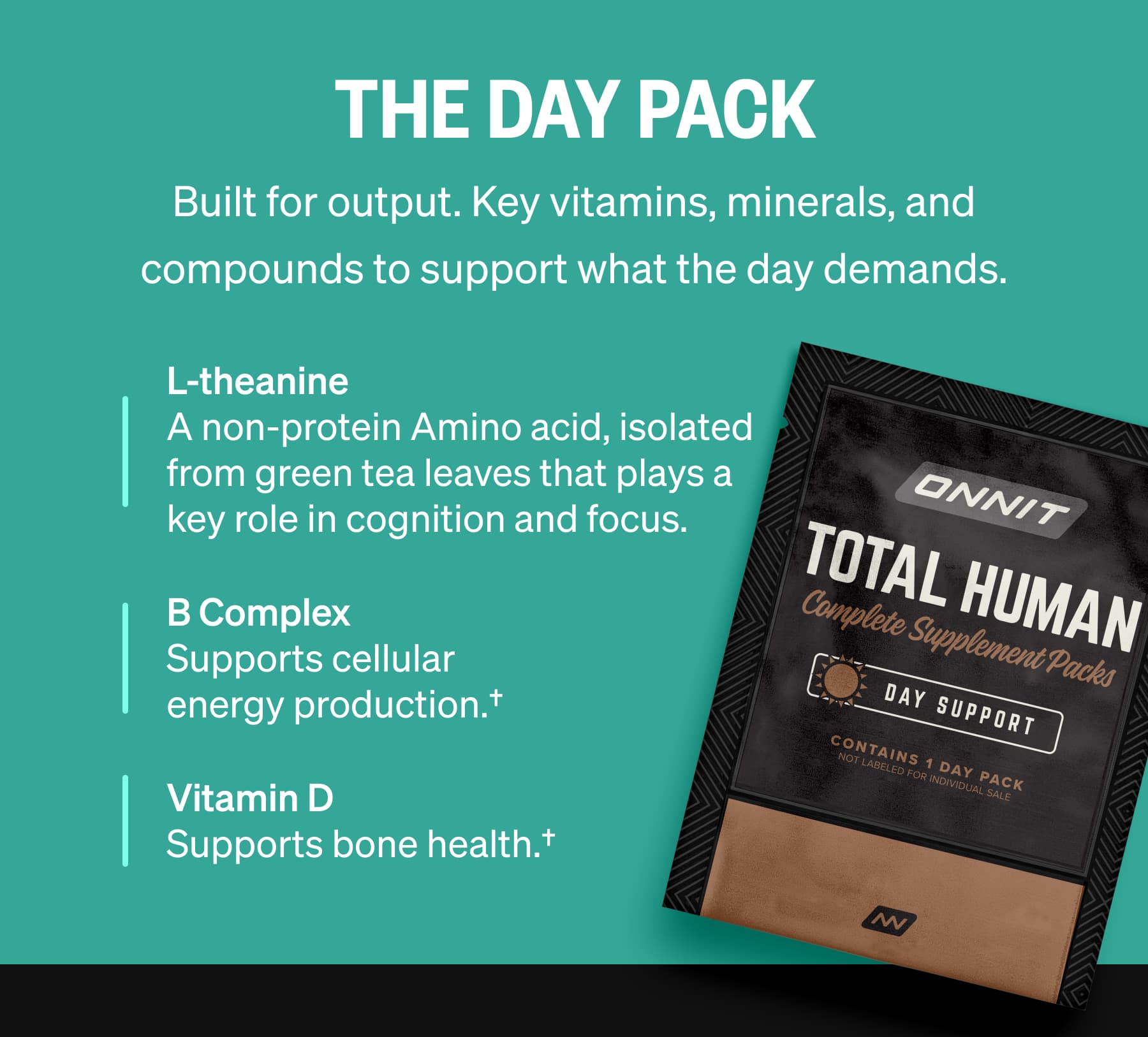 The Day Pack Built for output. Key vitamins, minerals, and compounds to support what the day demands. L-theanine A non-protein Amino acid, isolated from green tea leaves that plays a key role in cognition and focus. B Complex Supports cellular energy production.&dagger; Vitamin D Supports bone health.&dagger;