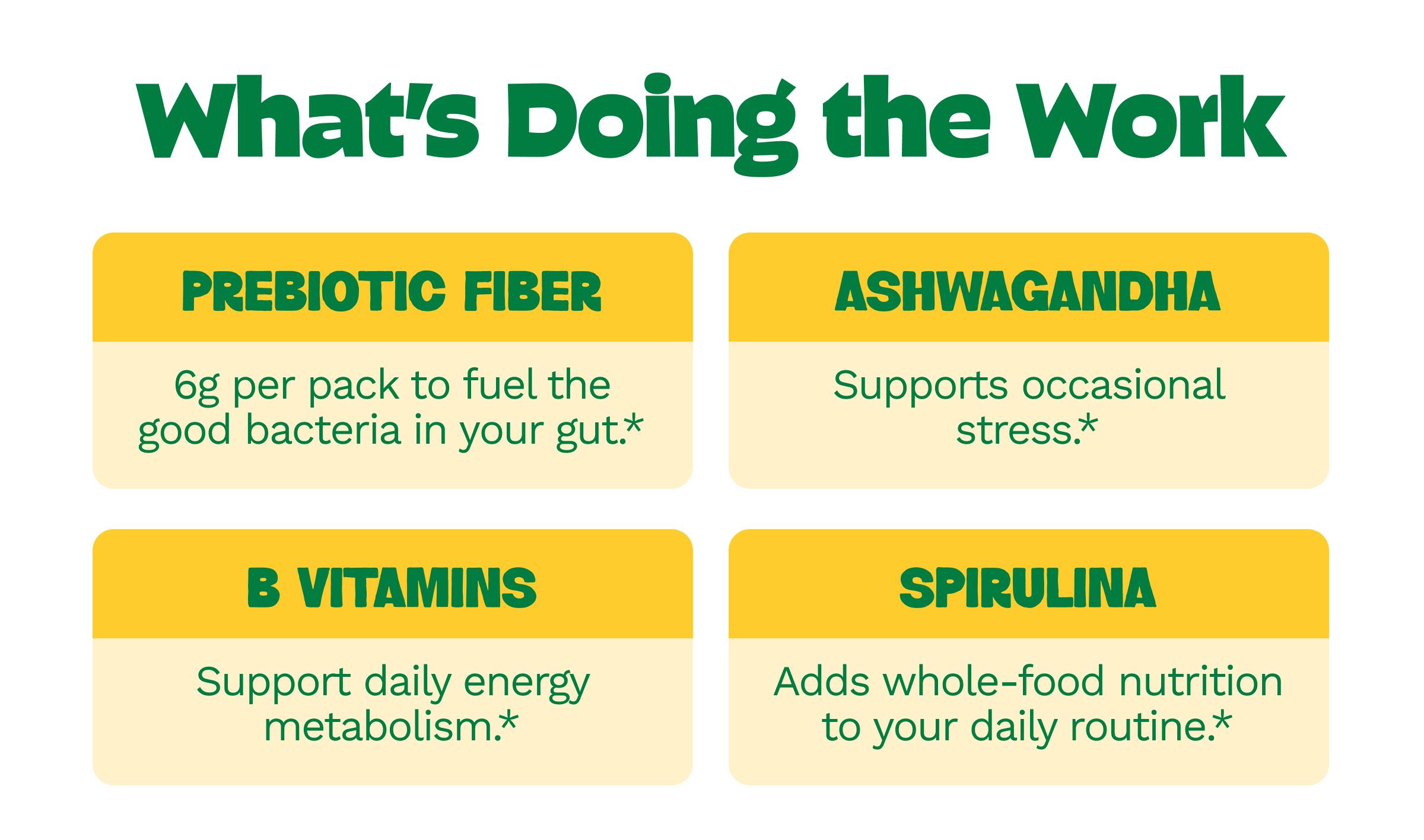 What&rsquo;s Doing the Work. Prebiotic Fiber: 6g Per Pack to Fuel the Good Bacteria in Your Gut.* Ashwagandha: Supports Occasional Stress.* B Vitamins: Support Daily Energy Metabolism.* Spirulina: Adds Whole-Food Nutrition to Your Daily Routine.*