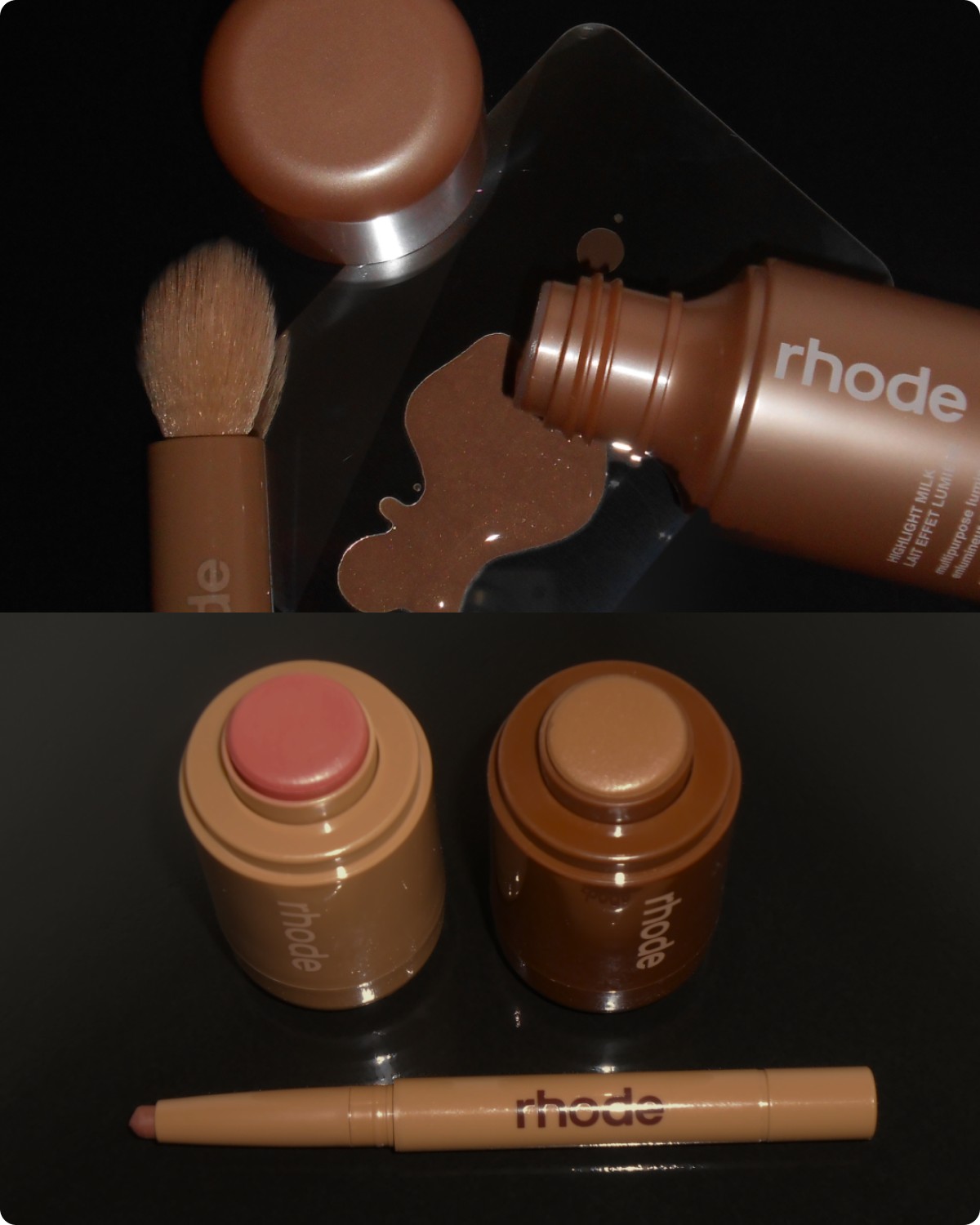 highlight milk in 03, pocket blush in tan line, pocket bronze in sunbed, and peptide lip shape in lean