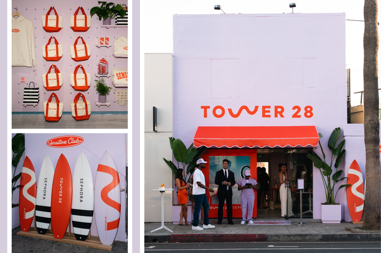 Collage of images showing the Tower 28 purple and orange storefront, next to a merch wall with tote bags, and an exterior wall with surfboards leaning against it.