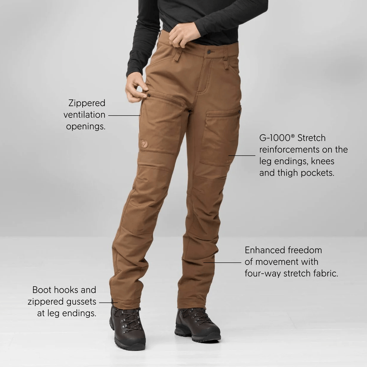 Zippered ventilation openings - G-1000&reg; Stretch reinforcements on the leg endings, knees and thigh pockets - Enhanced freedom  of movement with  four-way stretch fabric - Boot hooks and zippered gussets at leg endings
