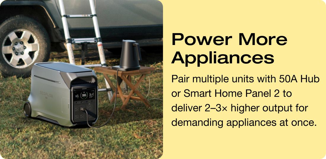 "Power More Appliances Pair multiple units with 50A Hub or Smart Home Panel 2 to deliver 2&ndash;3&times; higher output for demanding appliances at once."	
