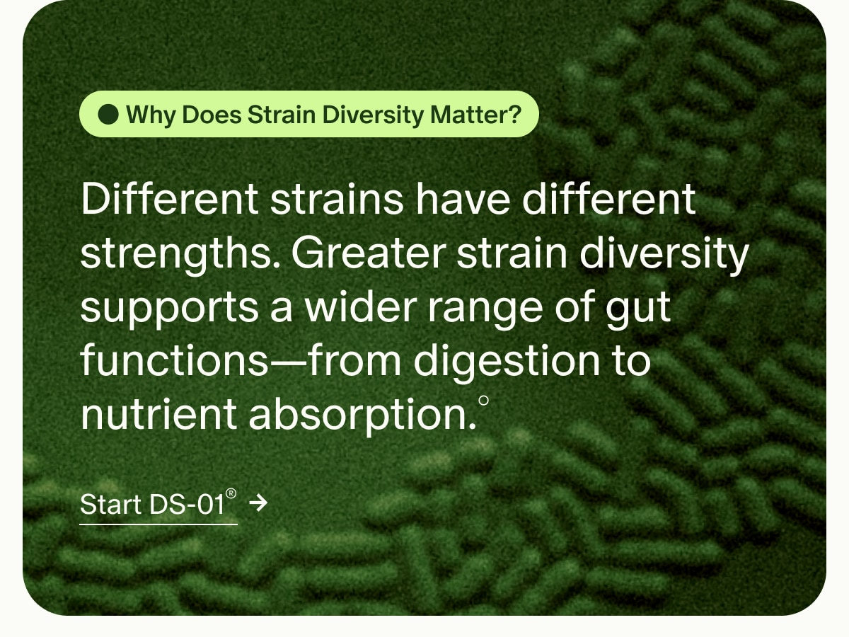 Why Does Strain Diversity Matter? | Different strains have different strengths. Greater strain diversity supports a wider range of gut functions&mdash;from digestion to nutrient absorption.&deg; | Start DS-01&reg;