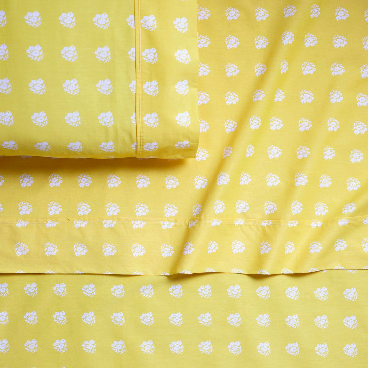 Image of White Posies on Yellow Brushed Cotton Sheet Set