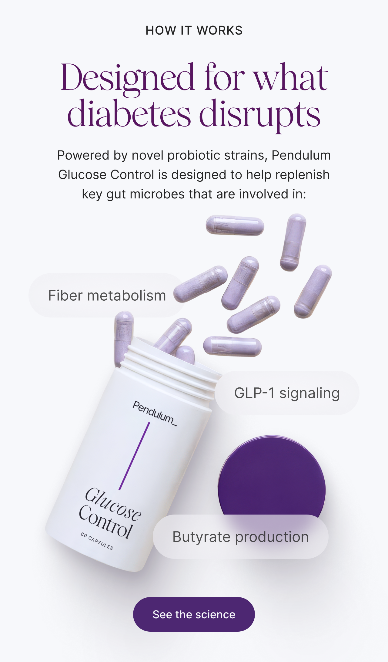 How It Works: Designed for what diabetes disrupts -- Powered by novel probiotic strains, Pendulum Glucose Control is designed to help replenish key gut microbes that are involved in: Fiber metabolism, GLP-1 signaling, Butyrate production. See the science