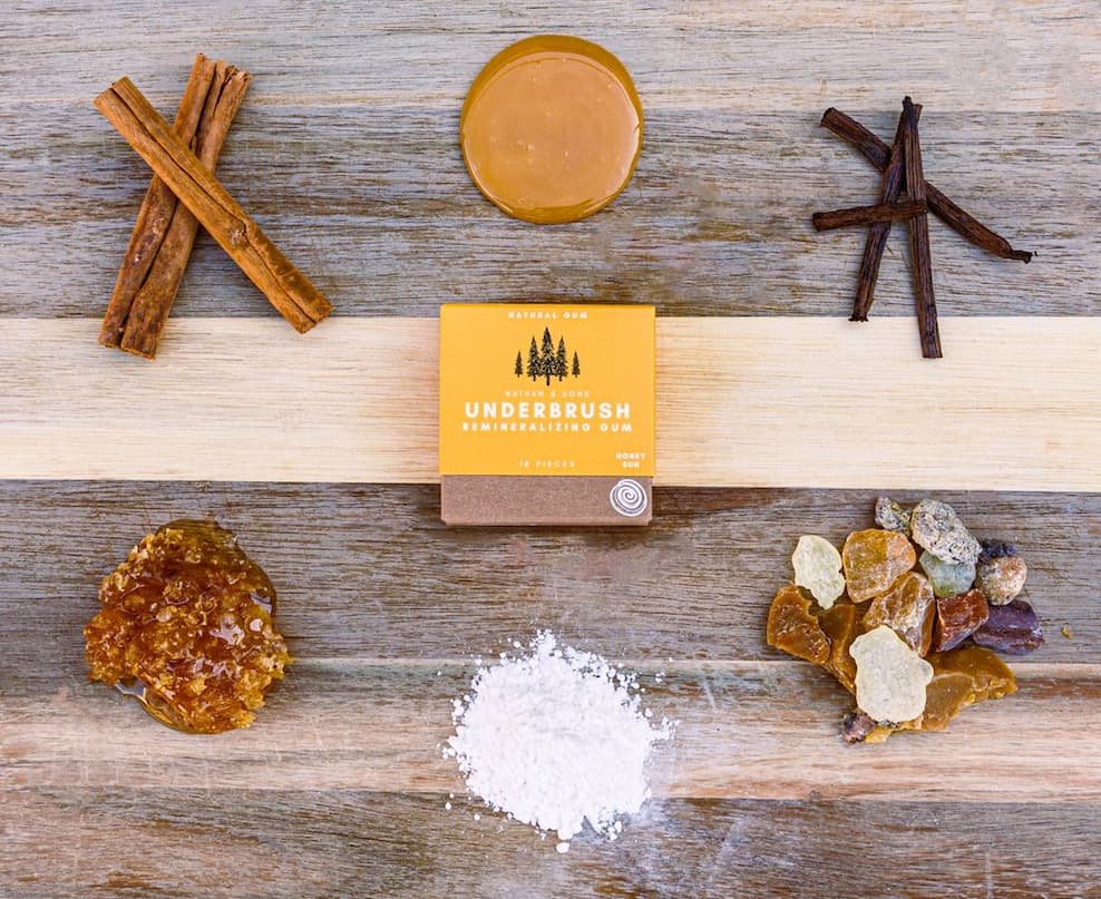A Honey Bun gum box surrounded by cinnamon, honey, vanilla and other ingredients