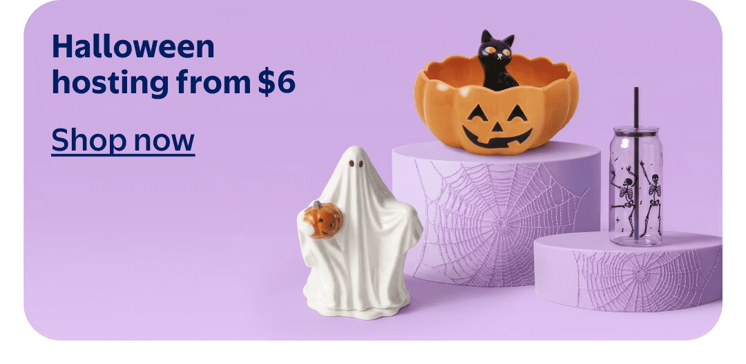 Halloween hosting from $4. Ceramic ghost, pumpkin bowl with black cat and tumbler with spooky silhouettes on stands.