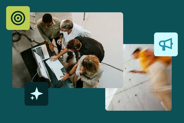 Collage of a team collaborating around laptops, a blurred woman in motion, and icons for a target, megaphone, and sparkle, on a teal background.