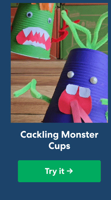 Cackling Monster Cups. Colorful handmade monster cups with pipe-cleaner arms and silly faces. Try it