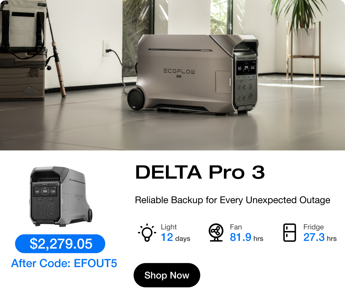 " $2,279.05 $3,699 After Code: EFOUT5 "	"DELTA Pro 3 Reliable Backup for Every Unexpected Outage" "Light 12 days"	"Fan 81.9 hrs"	"Fridge 27.3 hrs"