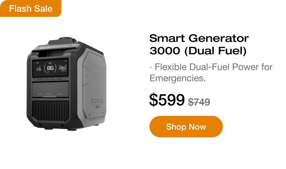 "Flash Sale Smart Generator 3000 (Dual Fuel) &middot; Flexible Dual-Fuel Power for Emergencies. $599 $749 https://us.ecoflow.com/products/smart-generator-3000-dual-fuel?variant=41631793250377"	