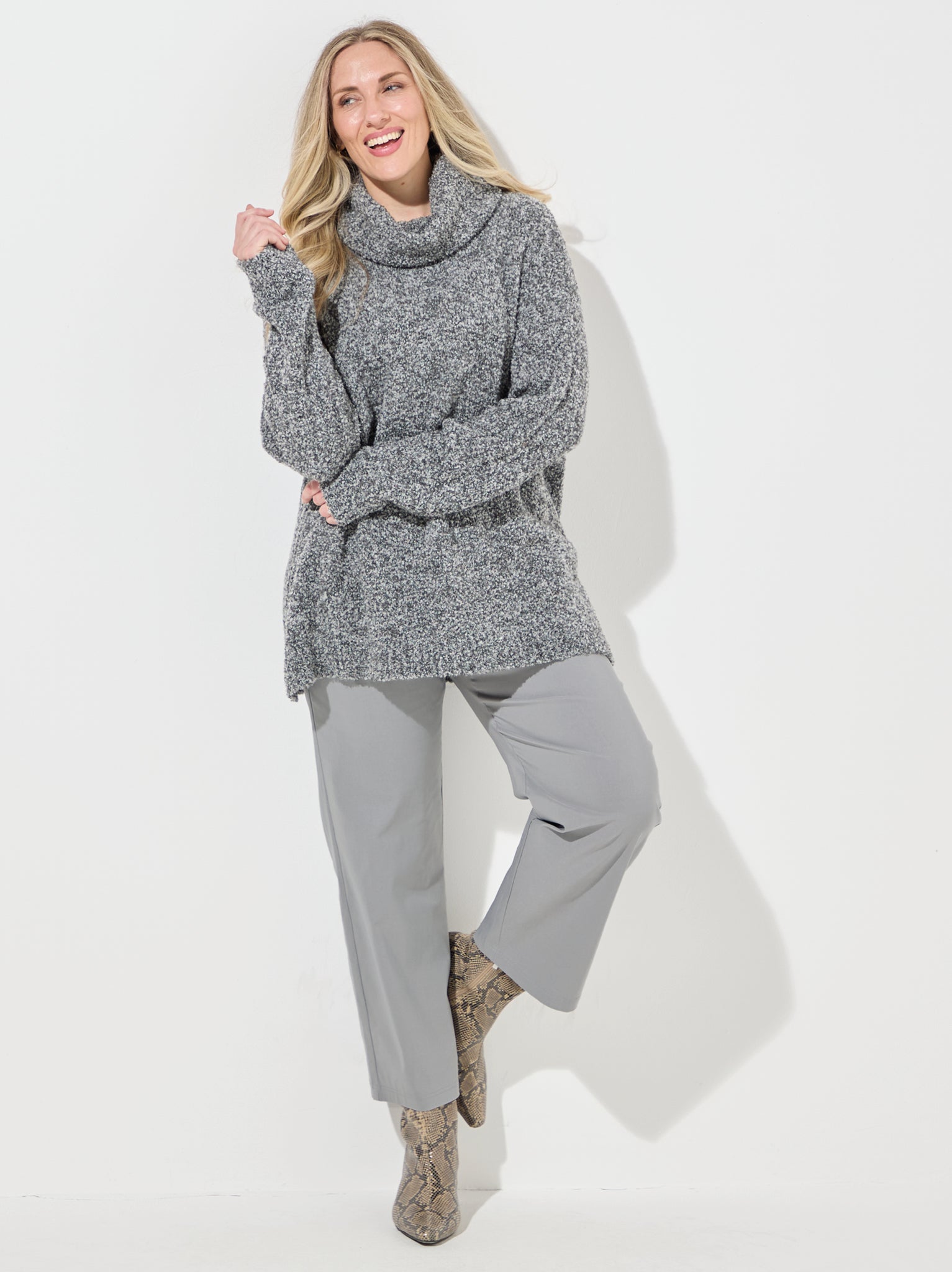 Image of Melissa Boucle Knit Roll Neck Jumper - Grey Melange