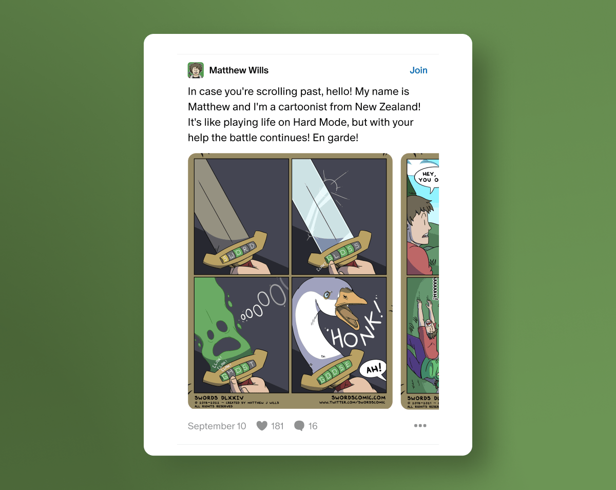 Comic strip: person with sword startled by honking goose, falls backward.