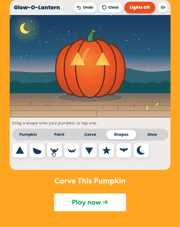 Glow-O-Lantern pumpkin carving game. Customize a pumpkin with paint, carved shapes, and glow effects in a nighttime scene. Carve This Pumpkin. Play now ->
