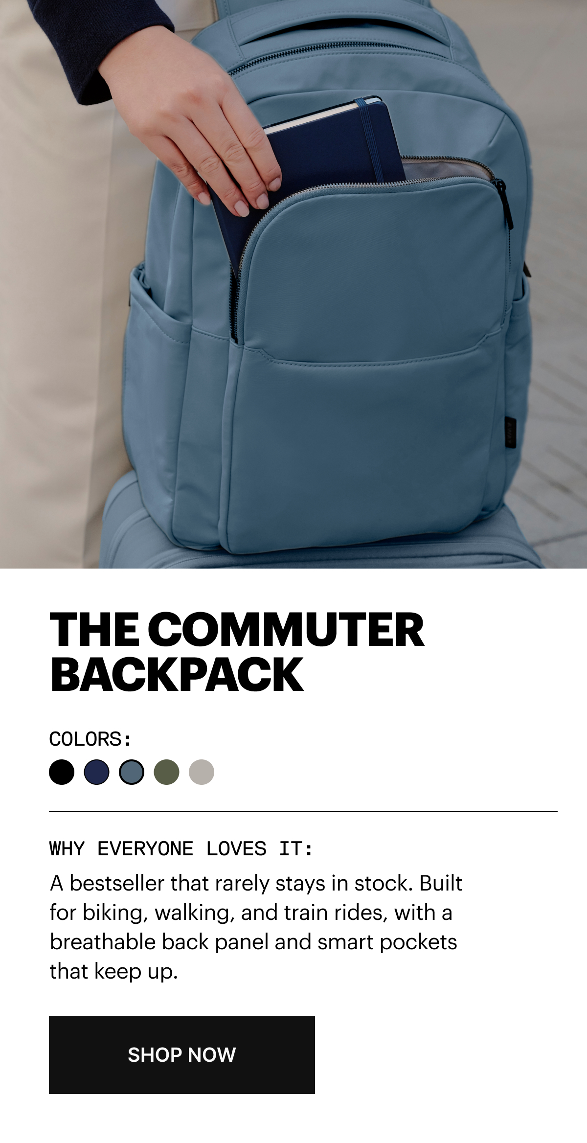 THE COMMUTER BACKPACK | A bestseller that rarely stays in stock. Built for biking, walking, and train rides, with a breathable back panel and smart pockets that keep up.
