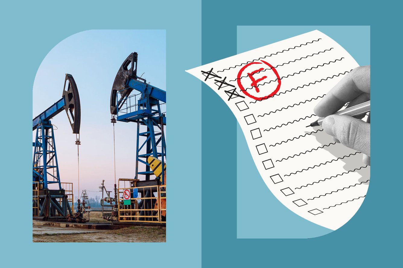 a graphic featuring an oil rig on the left and a checklist with a red F circled on the top and a hand holding a pen