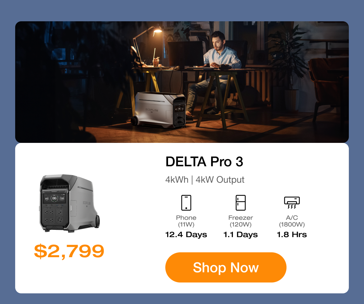$2,799	DELTA Pro 3	"Phone (11W) 12.4 Days"	"Freezer (120W) 1.1 Days"	"A/C (1800W) 1.8 Hrs" Shop Now	