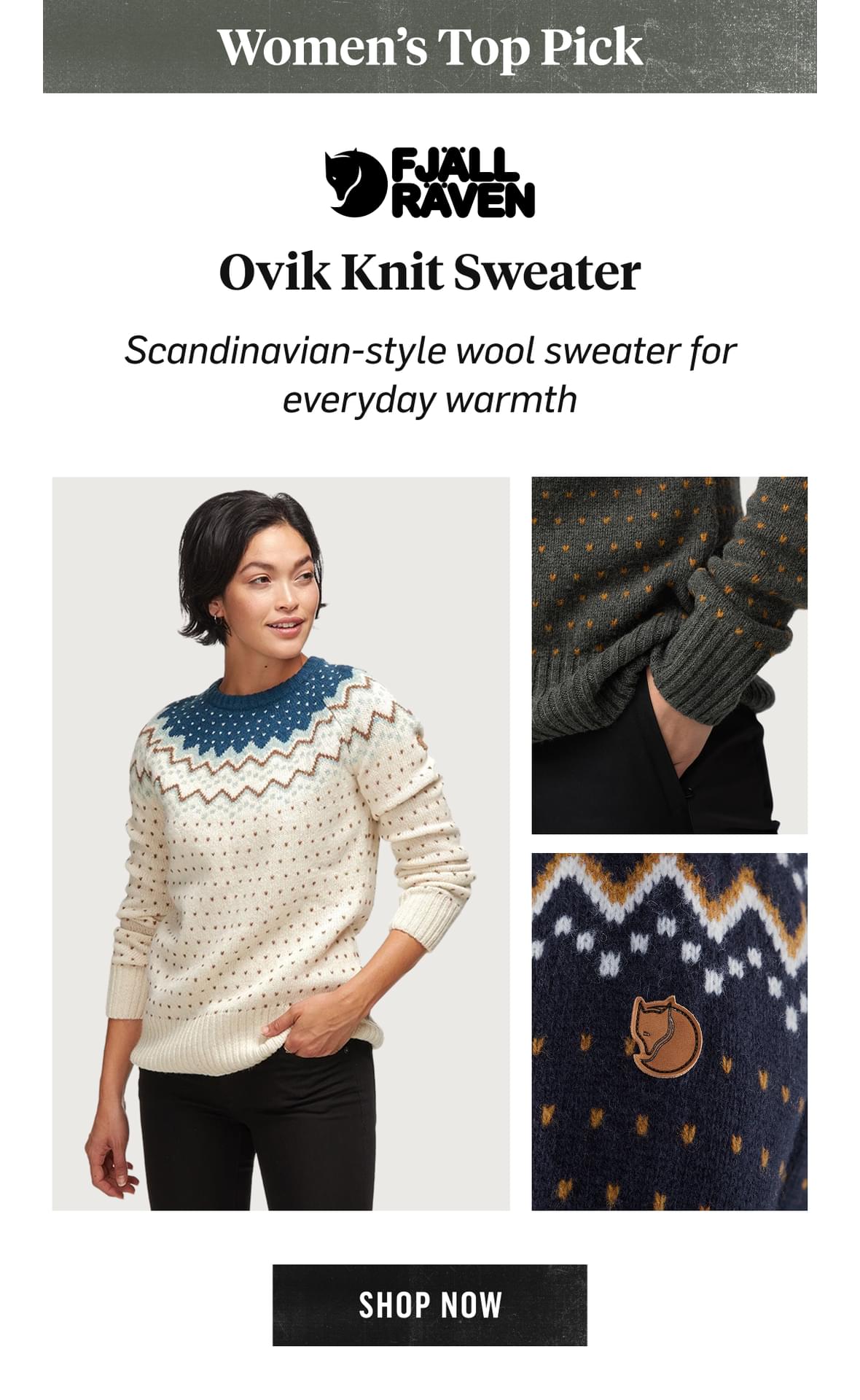 Women's Top Pick: Fjallraven Ovik Knit Sweater, Scandinavian-style wool for everyday warmth. Shop Now!