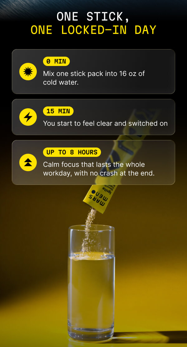 One Ignite stick: clear in 15 minutes, up to 8 hours of crash-free focus.