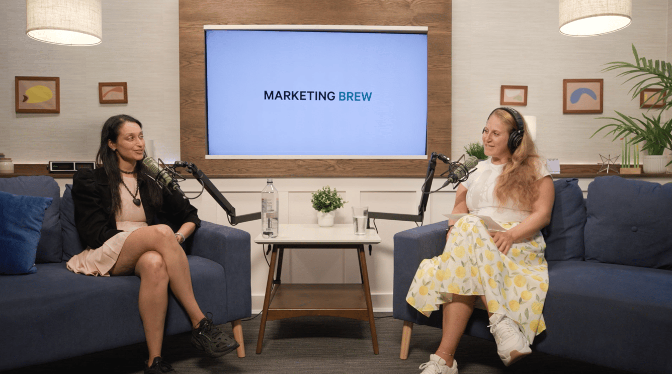 MLS CMO Radhika Duggal and Marketing Brew senior reporter Alyssa Meyers appear on set as part of a video interview