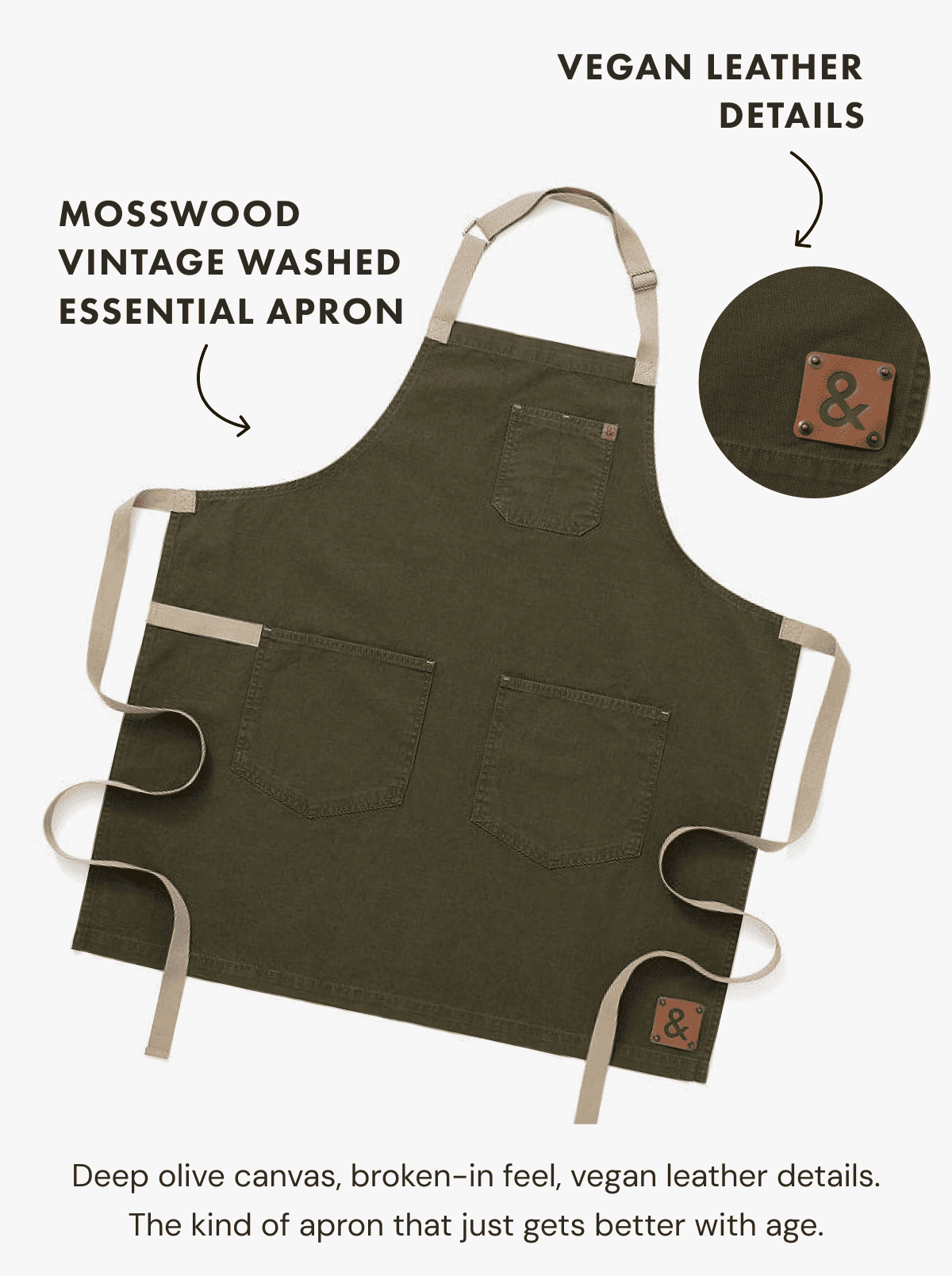 VEGAN LEATHER DETAILS | MOSSWOOD VINTAGE WASHED ESSENTIAL APRON | Deep olive canvas, broken-in feel, vegan leather details. | The kind of apron that just gets better with age.