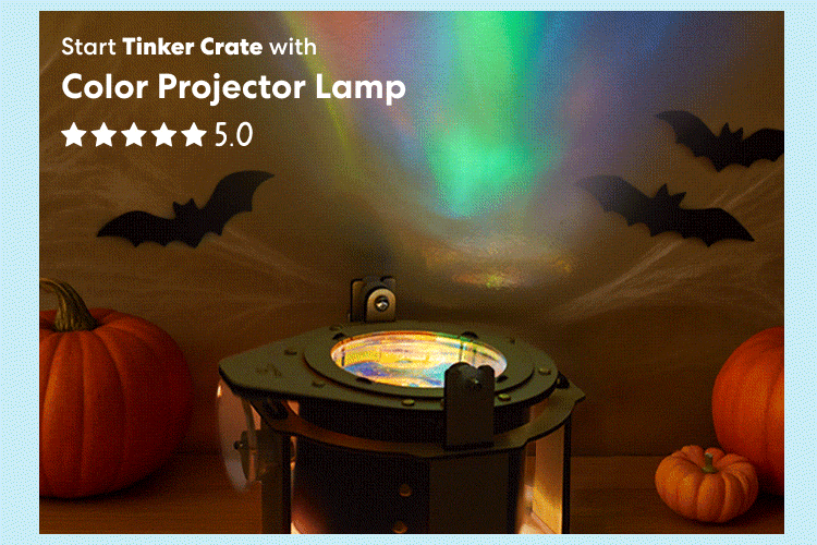 Start Tinker Crate with Color Projector Lamp. Rated 5.0 out of 5 stars. A glowing color projector lamp casts colorful light in a Halloween scene with bats and pumpkins.