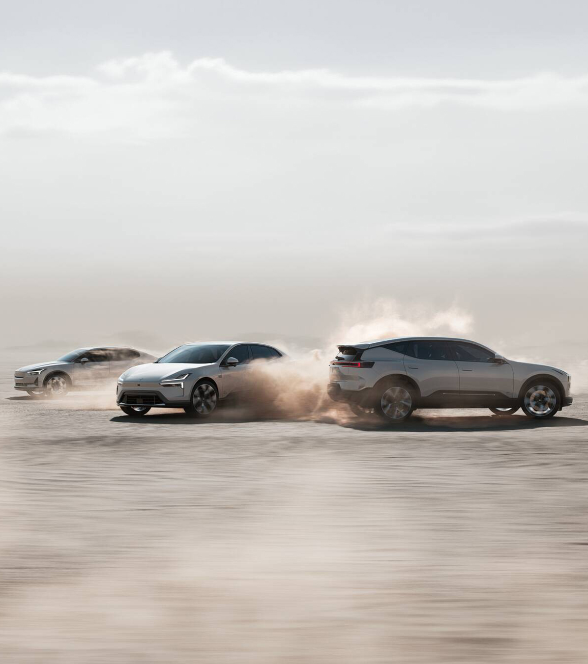Polestar 2, Polestar 3 and Polestar 4 driving in California desert.