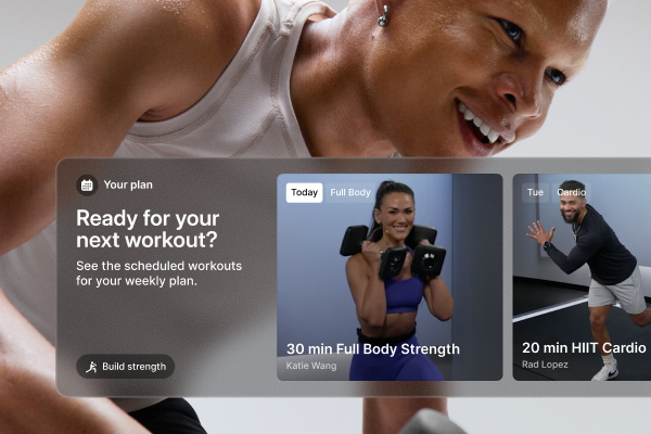 Fitness app screen: "Ready for your next workout?" showing today's 30 min Full Body Strength with Katie Wang and Tuesday's 20 min HIIT Cardio.