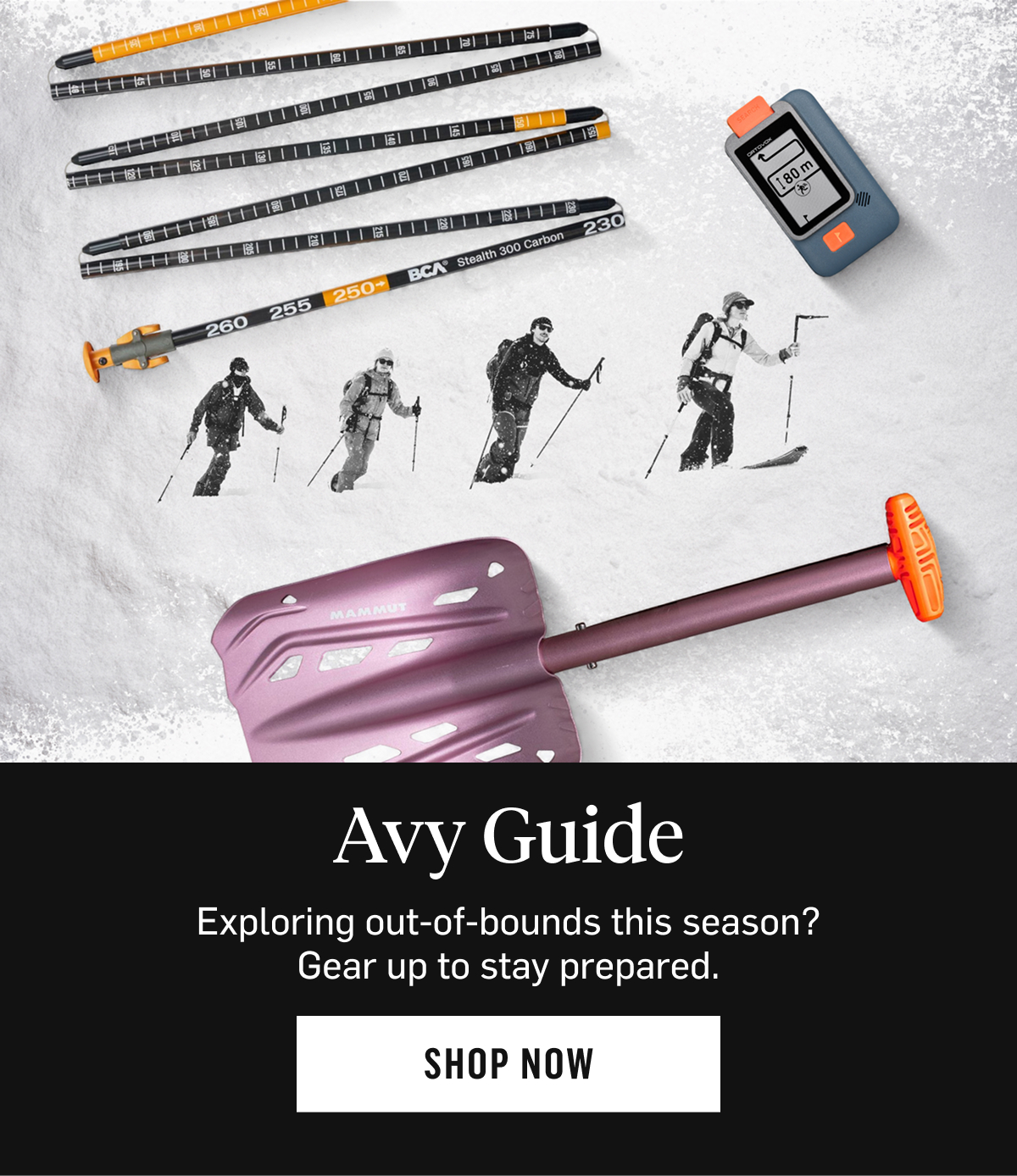 Avy Guide: exploring out-of-bounds this season? Gear up to stay prepared. Shop Now!