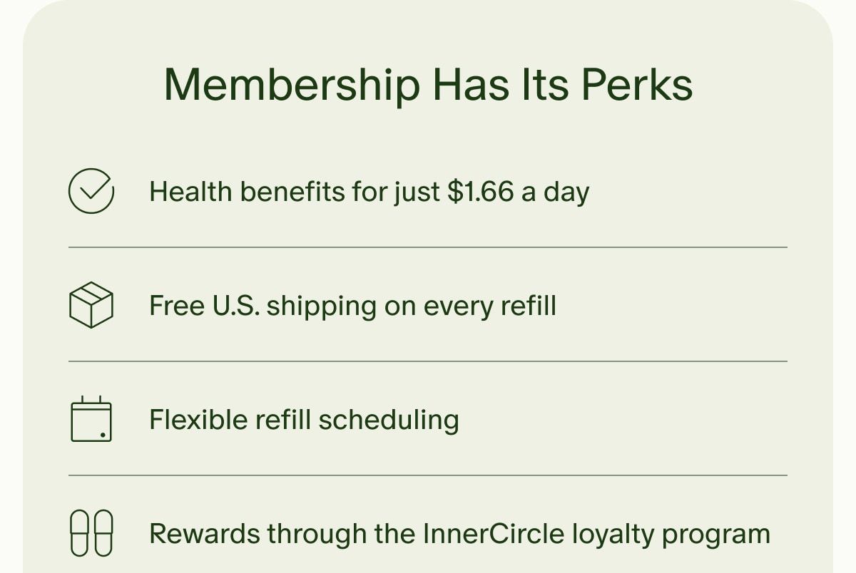 Membership Has Its Perks | Health benefits for just $1.66 a day | Free U.S. shipping on every refill | Flexible refill scheduling | Rewards through the InnerCircle loyalty program