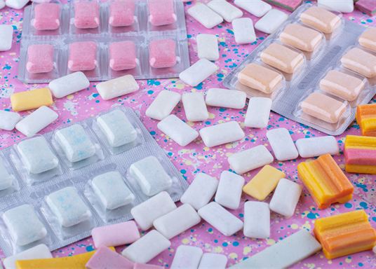 Colorful conventional chewing gum pieces