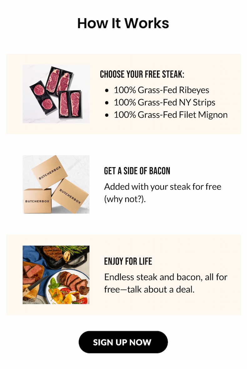 How It Works: Choose Your Free Steak | Get a Side Of Bacon | Enjoy For Life | SIGN UP NOW