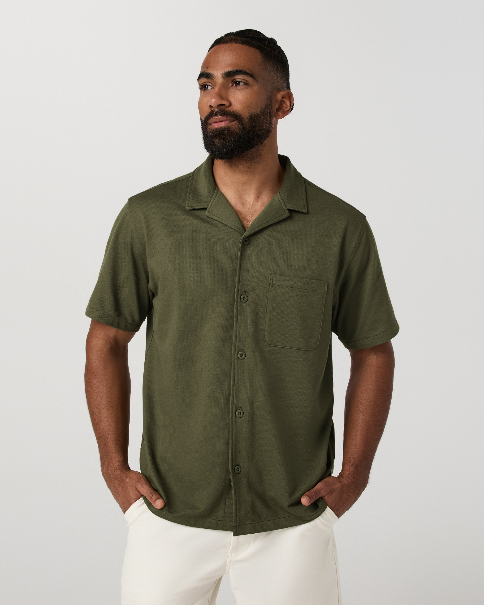 Image of Vuori Short Sleeve Knit Oxford Camp Collar Button Down | Herb
