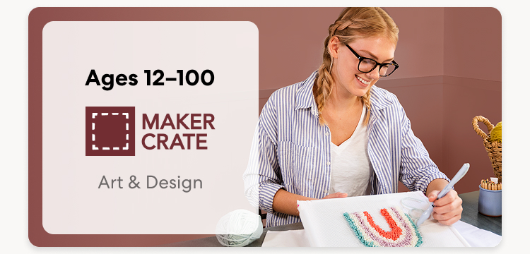 Maker Crate. Ages 12&ndash;100. Art & Design. A young person works on a colorful art and design project.