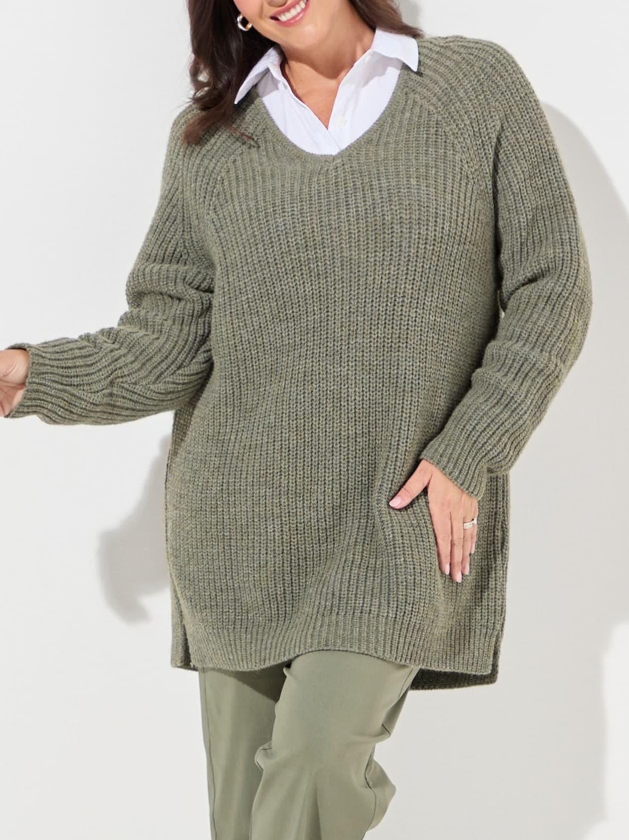Knitted v neck jumper in sage