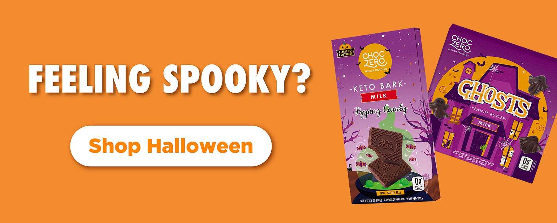 ChocZero Halloween treats featuring Popping Candy Keto Bark and Peanut Butter Ghosts, no added sugar, keto friendly.