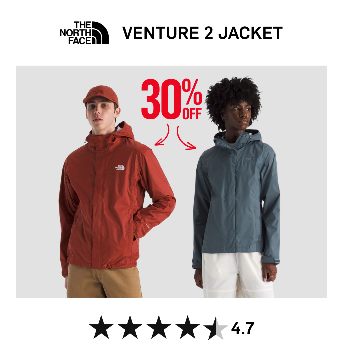 1- The North Face Venture 2 Jacket, 30% Off. 4.7 Stars. Shop Now!