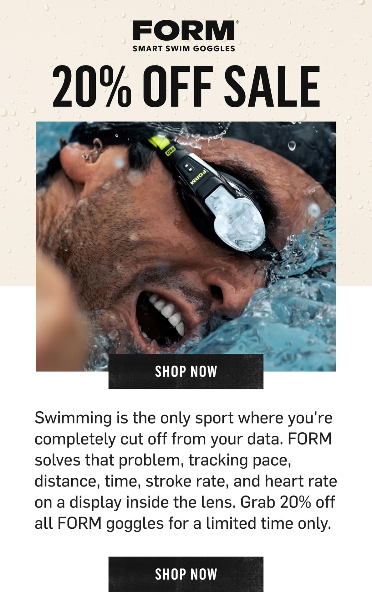 FORM smart swim goggles, 20% off sale. Pace, distance, stroke rate and heart rate on a display inside the lens. Shop Now