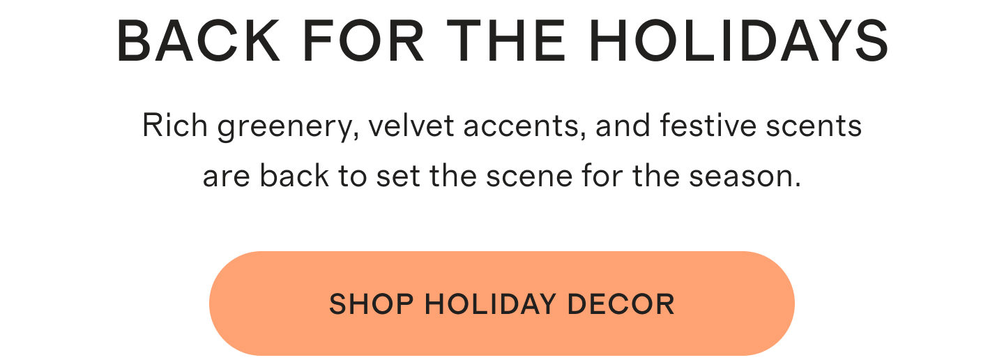 BACK FOR THE HOLIDAYS | Rich greenery, velvet accents, and festive scents are back to set the scene for the season. | SHOP HOLIDAY DECOR