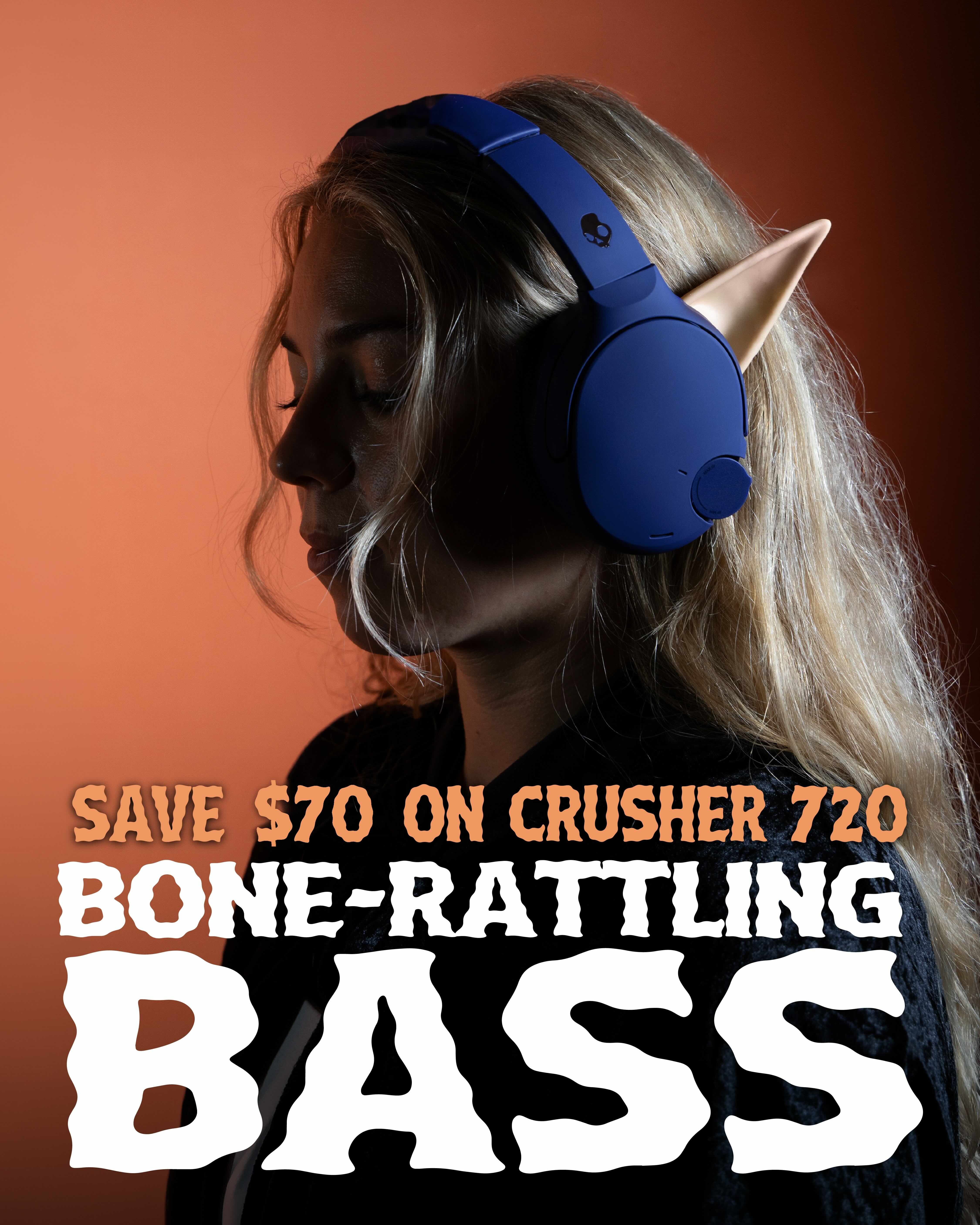 An Elf wearing Skullcandy Crusher 720 headphones with the message Bone-Rattling Bass over the top
